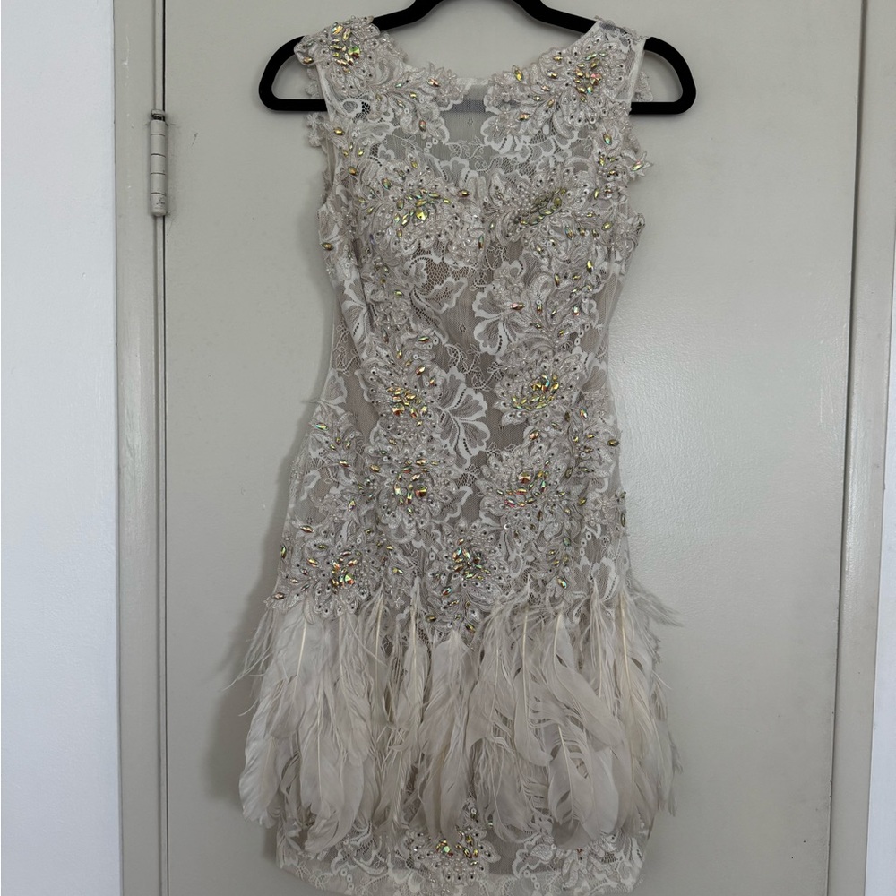 Jovani White Feather Beaded Mini Bridal Reception Dress